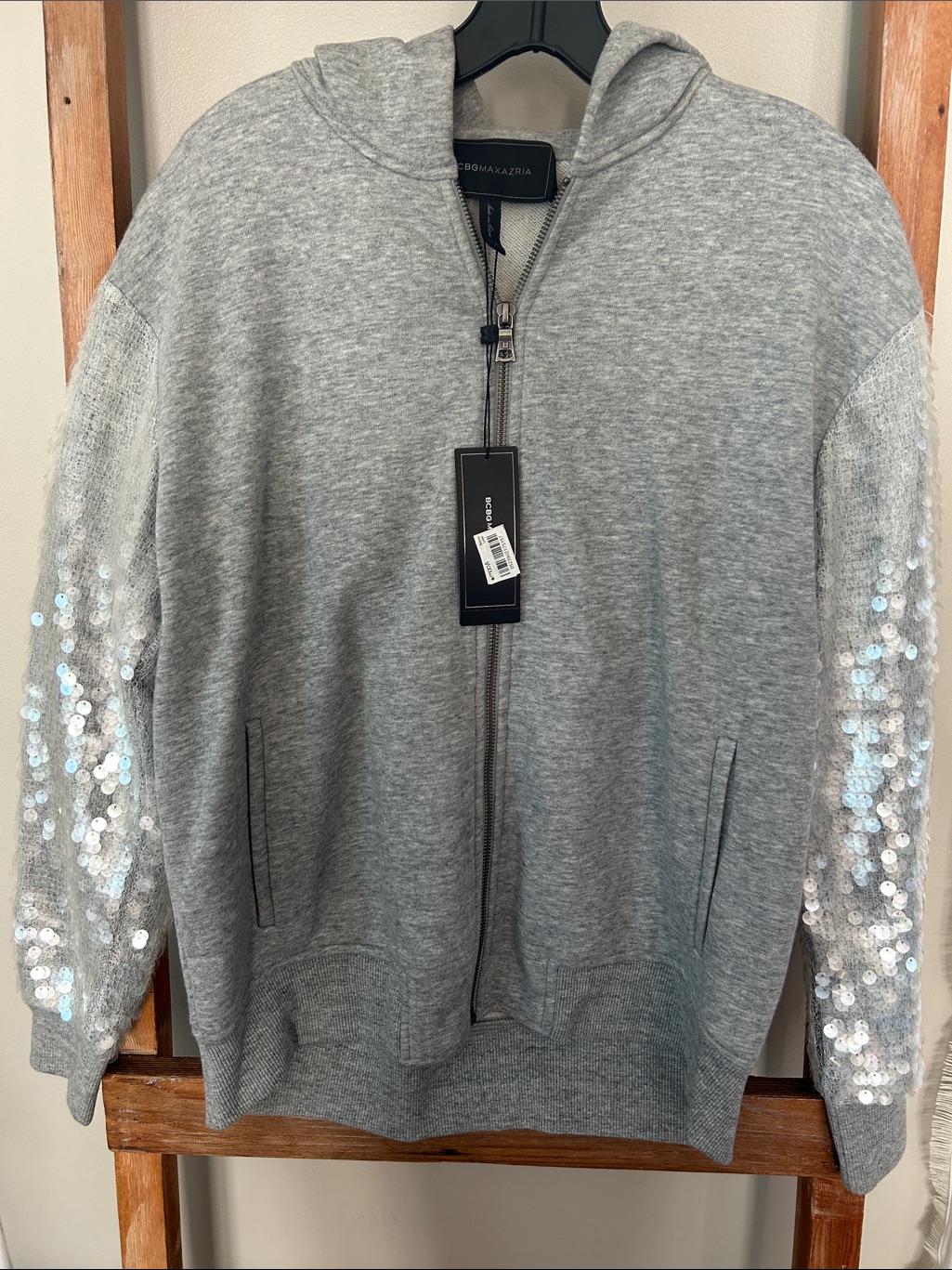 Bcbgmaxazria Gray Hoodie With Sequin Sleeve Detail